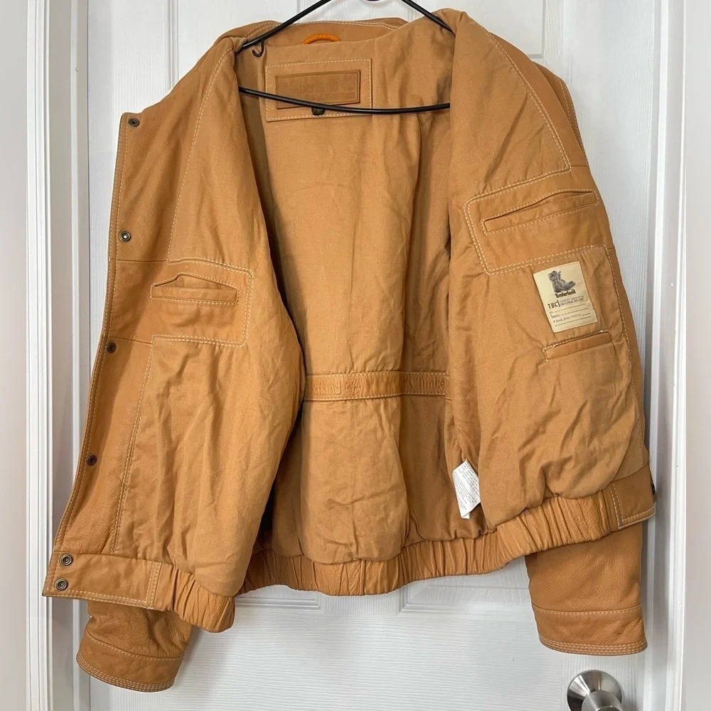 Timberland Tan Leather Vintage Logo Bomber Jacket XXL
